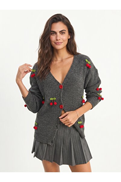 ONLOOX Anthracite Wool Blend Knitwear V-Neck Cherry Accessory Detailed Button...