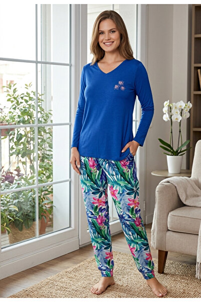 LİMİSSİ Women's V-Neck Lycra High Quality Pajama Set 100% Cotton