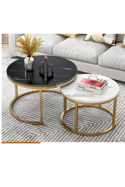 shopandshop 2-Piece Round Nesting Coffee Table Set – Faux White Marble Glass ...