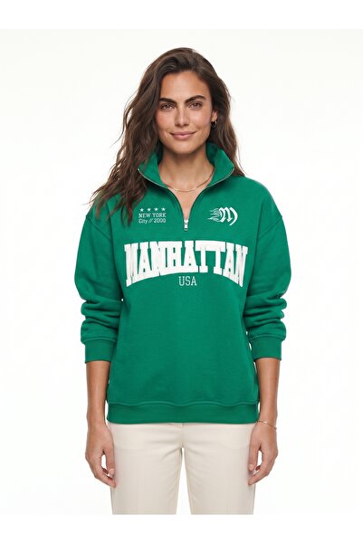 ONLOOX Green Cotton Embroidered Polo Collar Oversize Half Zipper Sweatshirt w...