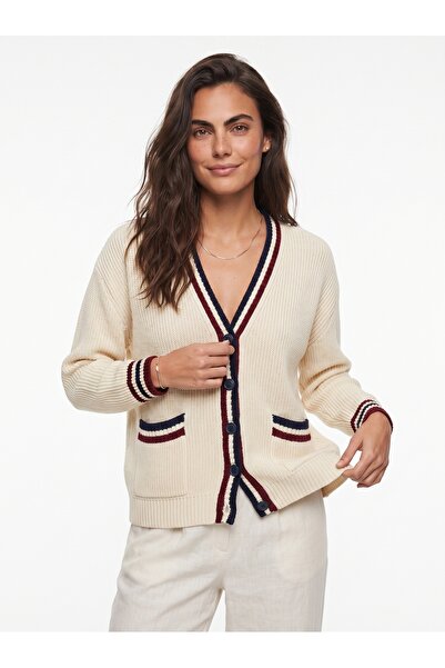 ONLOOX Ecru Thessaloniki Braided Acrylic Fabric V-Neck Standard Fit Striped D...