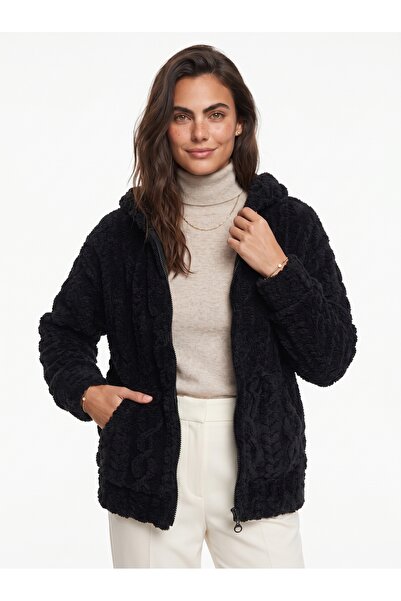 ONLOOX Black Self-Patterned Plush Fabric Hooded Zippered Knitted Cardigan wit...
