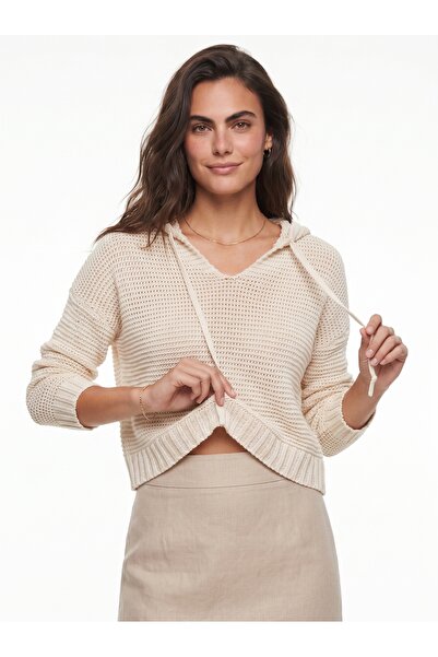 ONLOOX Ecru Acrylic Textured Hooded Lace-Up Standard Size Long Sleeve Knitted...