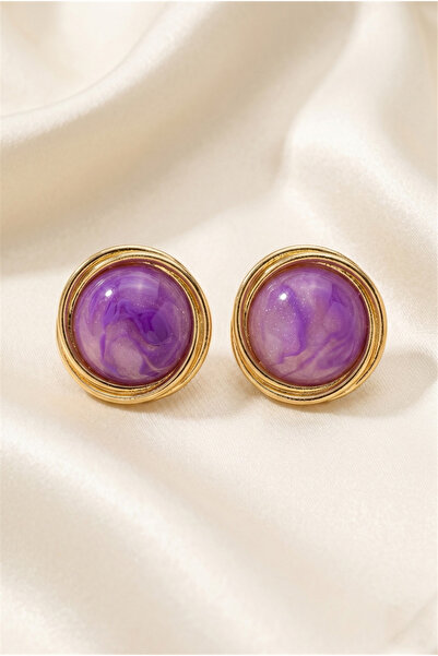 Pelin Aksesuar Purple Marble Patterned Round Stone Wire Framed Earrings