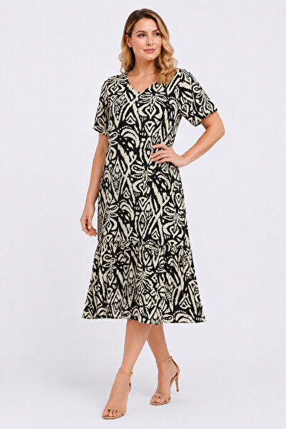 Şans Women's Plus Size Black, Woven Viscose Fabric, V-Neck, Short Sleeve, Sid...