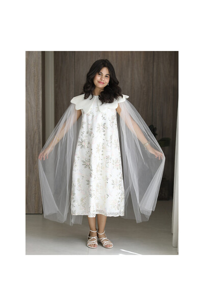 HAWRAA ABAYA Girls' White Embroidered Dress with Wide Petal Collar and Flutte...