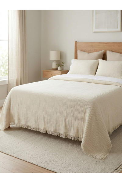 Bej Home Cream Colored 4 Layer Muslin 100% Cotton Single Bedspread/Bed Throw 180X240 cm