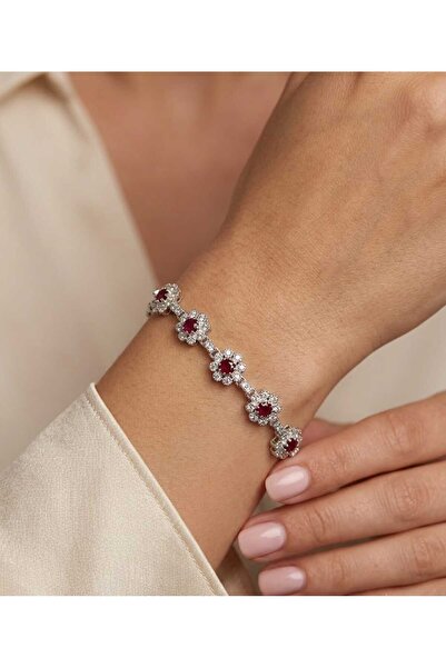 Frost Jewellry 925 ayar zirkon ve yakut taşlı çiçek modelli gümüş bileklik