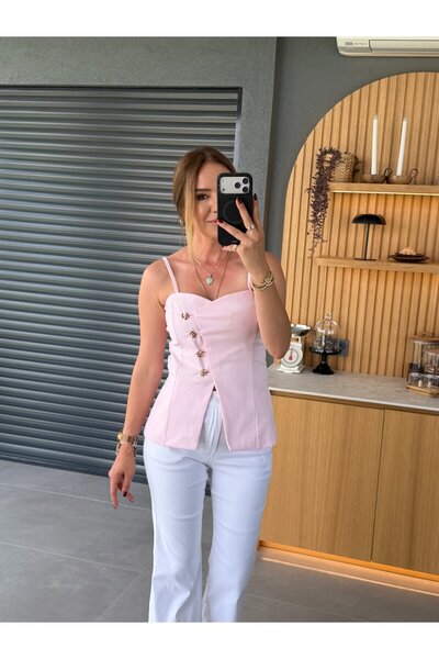 xyoung Gold Düğmeli Askılı Yelek PEMBE