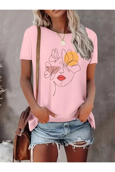 JENOLAN Tricou de damă cu imprimeu cu figurine și fluturi oversize