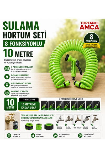 Toptancı Amca Amca 10 Metre Spiral Sulama Hortumu Seti 8 Fonksiyonlu Tabanca ...