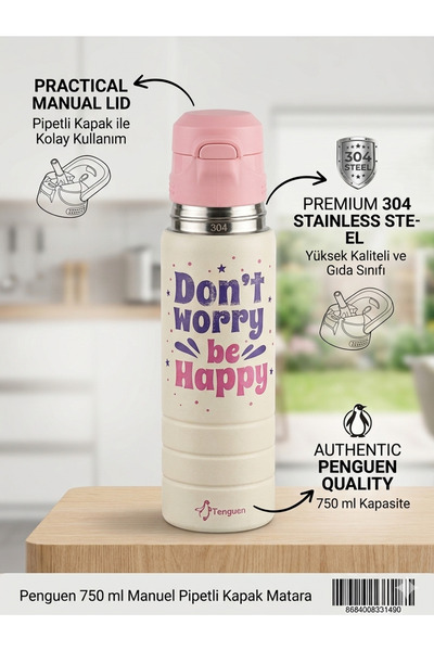 Lider MAGNESİA ÇELİK MATARA 750 ML ( 304) MANUEL PİPETLİ KAPAK PENGUEN