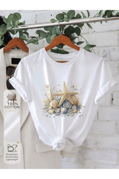 one button Starfish Printed Premium Oversize T-Shirt for Women