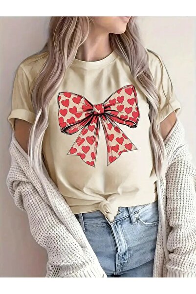 JENOLAN Tricou de damă cu decolteu cu inimă roz cu fundă imprimat largi Noul ...