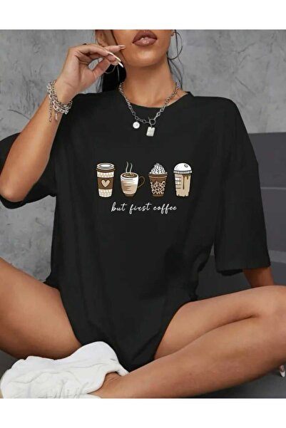 JENOLAN 4-Piece Coffee Printed Oversize Casual Boyfriend T-Shirt