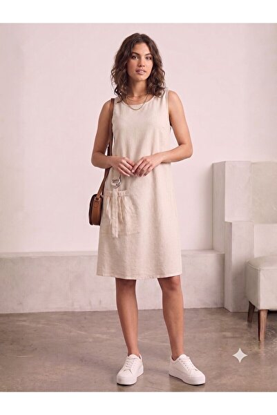 Flubutik Women's Cream Strap Pocket Detail Cotton Dress