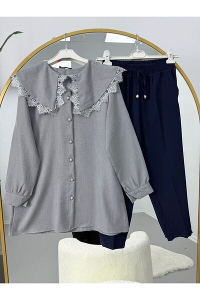 modasindoma Lace Collar Detailed Trouser Suit