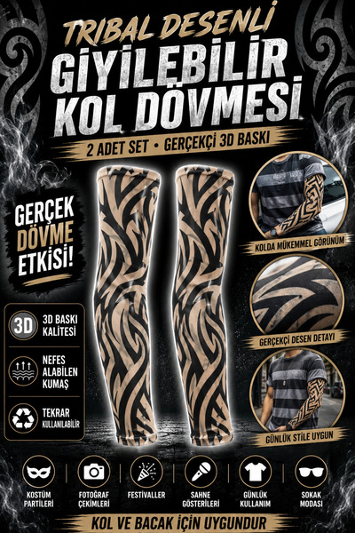 Tamsena Store 2 Adet Tribal Desenli Giyilebilir Kol Dövmesi 3D Baskılı Gerçek...
