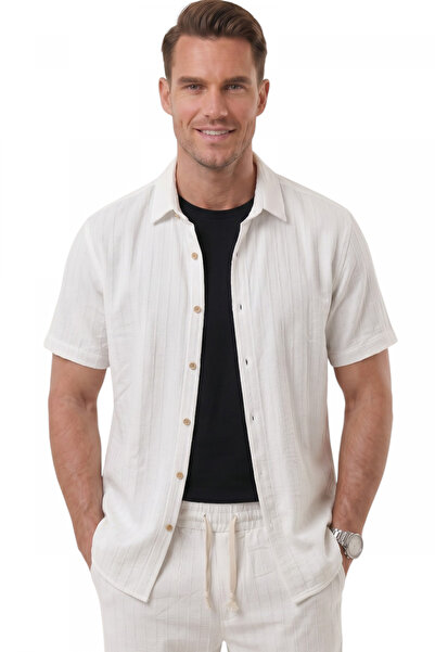 DeepSEA Cămașă sport pentru bărbați, albă, slim fit, cu textură în dungi, cu ...