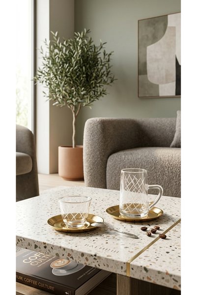 Generic A luxurious hospitality set – coffee cups and tea glasses with elegant designs – perfect for sophisticated serving.