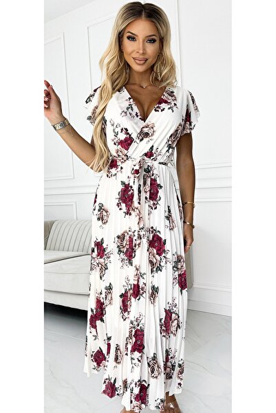 OEM Πλισέ μίντι φόρεμα με λαιμόκοψη και βολάν - RAINBOW ROSE Casual