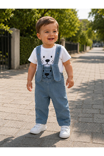 COOLMINIES Baby boy printed denim overalls jumpsuit and short sleeve t-shirt set