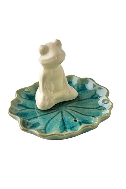 MONDEX Suport de tămâie ceramic broască 10x9x7 cm Verde Alb 1 buc.