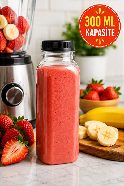 MEDUSHOP 300 ML Smoothie Şişesi Kapaklı Kare PET Şişe Okul Beslenme Meyve Suy...