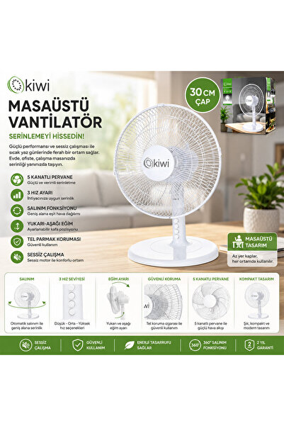 Greathings 3 Adet - KİWİ 7625 ( 12" İNÇ ) MASA ÜSTÜ VANTİLATÖR ( 35W ) ( 5 KA...