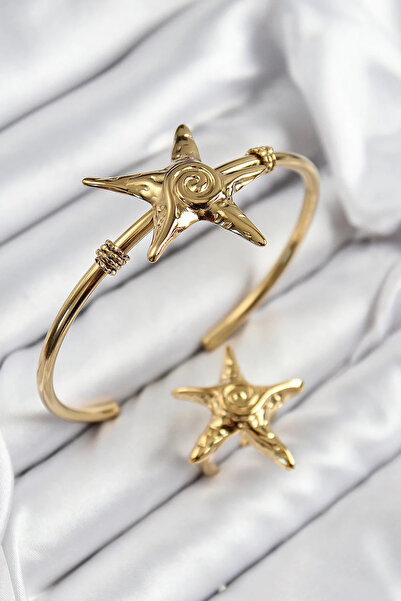 ALKASAZ Brass Starfish Model Gold Color Bracelet Ring Set