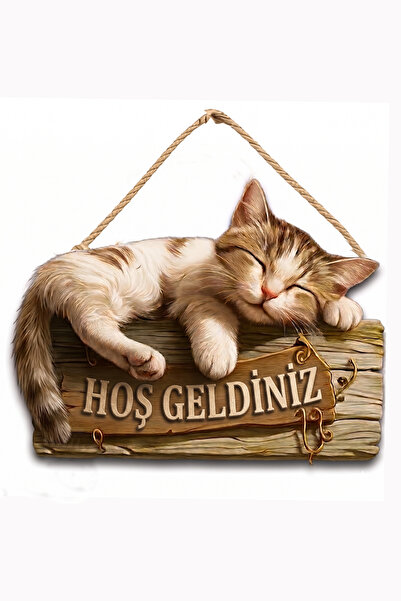 MARNELLO CONSEPT "Hoş Geldiniz" Yazılı Kedi Ahşap MDF Kapı Süsü - 2D Düz Baskı