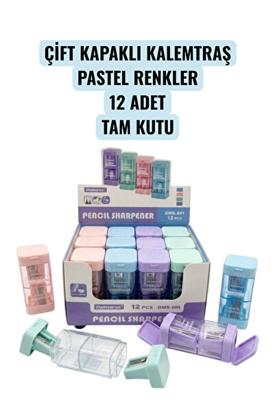 SEYFİKİRTASİYE Double covered pastel color pencil sharpener 12 pieces full bo...