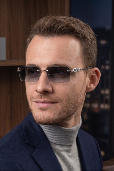 BluePepper Poster |   Rectangular Glass Frameless Sunglasses with Lion Detail...