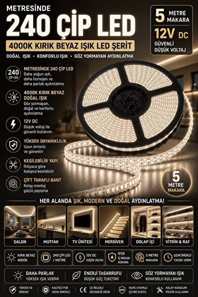 Noas 12V 240 ÇİP İÇ MEKAN ŞERİT LED 4000K