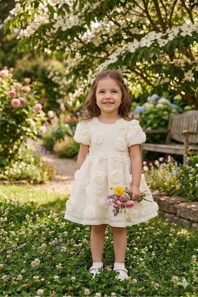 kidello Lorella bej rose patterned bow girl's birthday dress