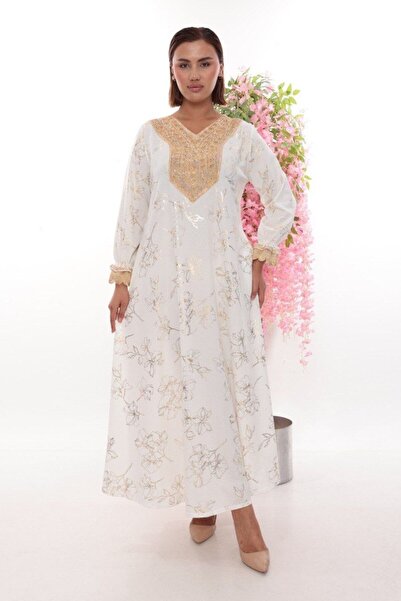 JERFİ Women's Plus Size Stylish Gold Detail Stone Printed Dress