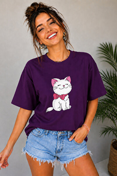 ArtYus Tricou unisex supradimensionat cu imprimeu cu pisică drăguță și papion...