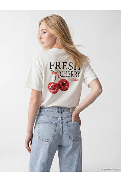 LC Waikiki White Cherry Printed Cotton Women's T-Shirt