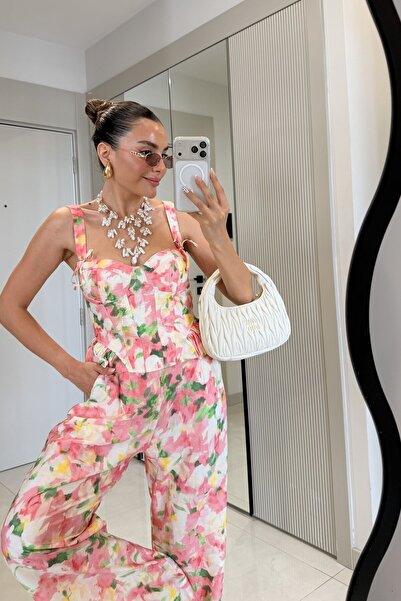 Gizem Ecemiş Floral Pembe Çiçek Desenli Korse Büstiyer