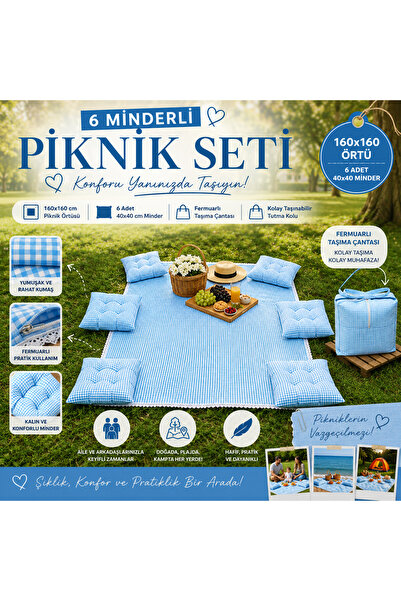 GÖKDAĞ BEDDING Bebe Mavi Pötikare Piknik Seti 6 Kişilik Minderli Piknik Ortüs...