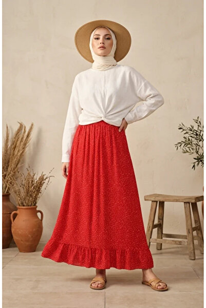sefamerve Elastic Waist Polka Dot Patterned Skirt 0309-09 Red