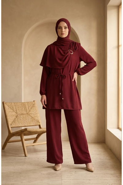 sefamerve Ring Detailed Lace-Up Hijab Double Set 2280-02 Claret Red