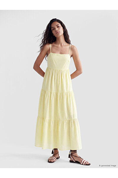 LC Waikiki Rmz Gi̇yi̇m Farkiyla Square Roba Collar Rope Strap Layered Dress