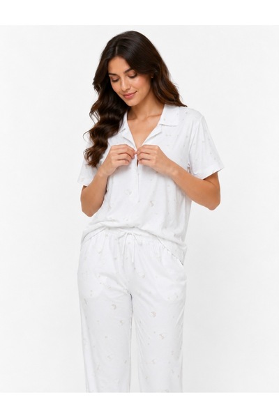 WASMA Women's White Moon and Star Patterned Pajamas Set