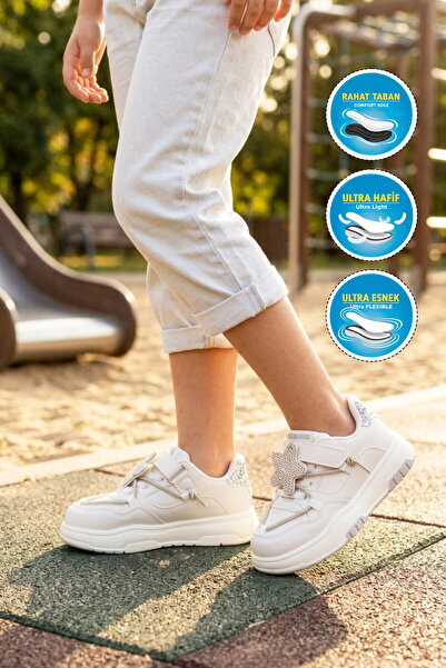 Generic Brand White-Silver Velcro Lightweight Girls' Sports Shoes Yıldız P