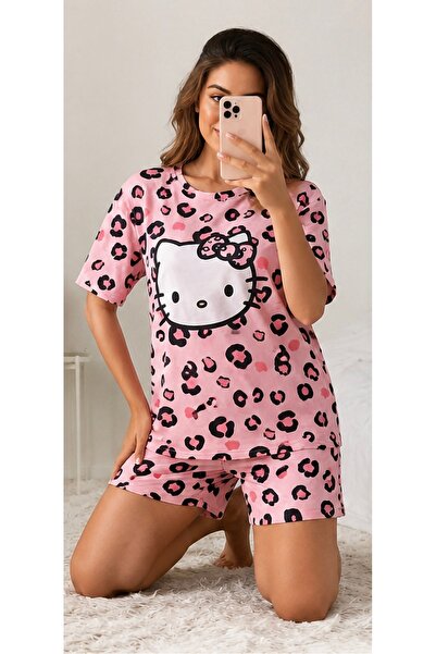 SHYA Pijama Damă Roz cu Șort, Imprimeu Pisicuță și Animal Print, Set 2 Piese, Confortabilă pentru Somn și Relaxare