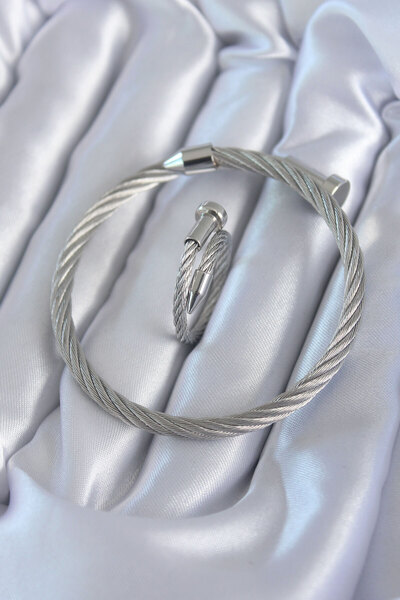 OGHAMAY 316L Steel Silver Color Spiral Model Men's Bracelet Ring Combination