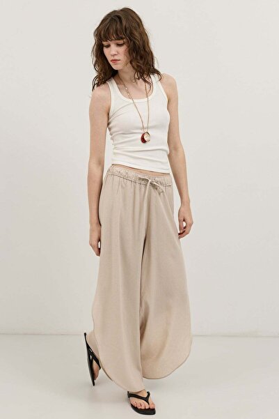 Antioch Beige Linen Blend Slit Women's Trousers