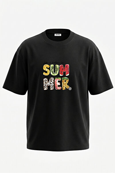 Anetos Summer Fruits Design Back Printed Cotton Black Oversize T-Shirt