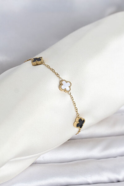 OGHAMAY 316L Steel Gold Color Black and White Baby Clover Model Women's Bracelet